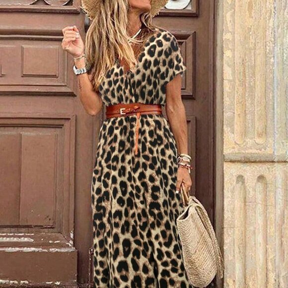 Chocolate Brown Casual Women's Leopard Print Deep V BatwingSleeve Dress - Picture 3 of 5